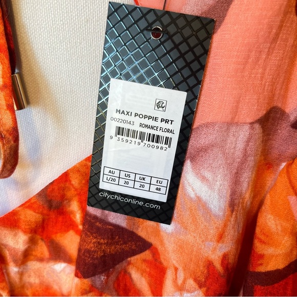 City Chic Poppie Print Maxi dress Size 20 NWT Orange Pink Puff sleeve Tied waist - Picture 3 of 9